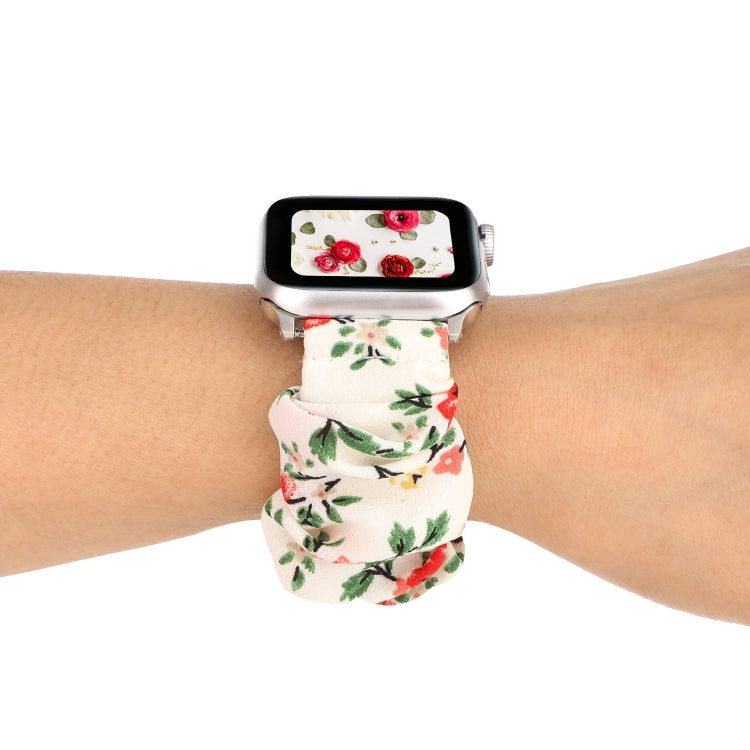 For Apple Watch Ultra 49mm&Watch Ultra 2 49mm / Series 9&8&7 45mm / SE 3&SE 2&6&SE&5&4 44mm / 3&2&1 42mm Cloth + Stainless Steel Hair Ring Watch Band(Red Floral) by bashfashion