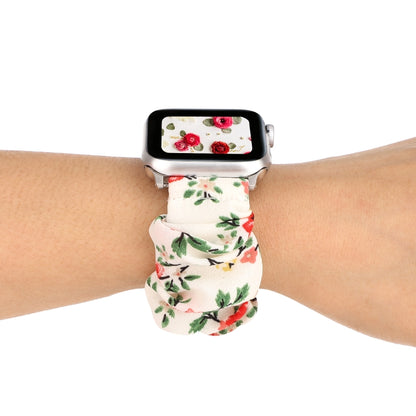 For Apple Watch Ultra 49mm&Watch Ultra 2 49mm / Series 9&8&7 45mm / SE 3&SE 2&6&SE&5&4 44mm / 3&2&1 42mm Cloth + Stainless Steel Hair Ring Watch Band(Red Floral) by bashfashion