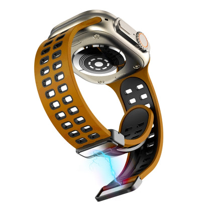 Magnetic Fold Clasp Square Holes Silicone Watch Band For Apple Watch Ultra 49mm&Watch Ultra 2 49mm / Series 9&8&7 45mm / SE 3&SE 2&6&SE&5&4 44mm / 3&2&1 42mm(Orange Black) by bashfashion