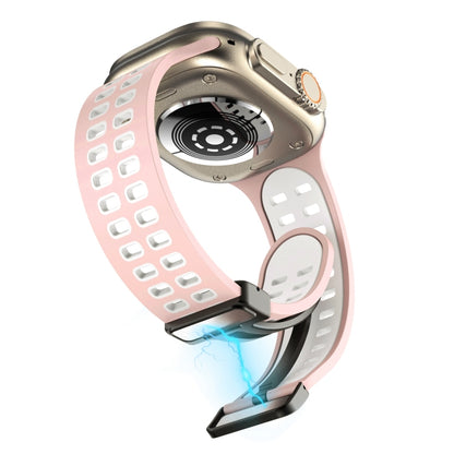 Magnetic Fold Clasp Square Holes Silicone Watch Band For Apple Watch Ultra 49mm&Watch Ultra 2 49mm / Series 9&8&7 45mm / SE 3&SE 2&6&SE&5&4 44mm / 3&2&1 42mm(Pink White) by bashfashion