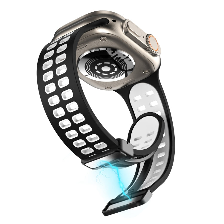 Magnetic Fold Clasp Square Holes Silicone Watch Band For Apple Watch Ultra 49mm&Watch Ultra 2 49mm / Series 9&8&7 45mm / SE 3&SE 2&6&SE&5&4 44mm / 3&2&1 42mm(Black White) by bashfashion