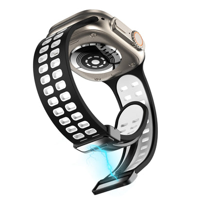 Magnetic Fold Clasp Square Holes Silicone Watch Band For Apple Watch Ultra 49mm&Watch Ultra 2 49mm / Series 9&8&7 45mm / SE 3&SE 2&6&SE&5&4 44mm / 3&2&1 42mm(Black White) by bashfashion