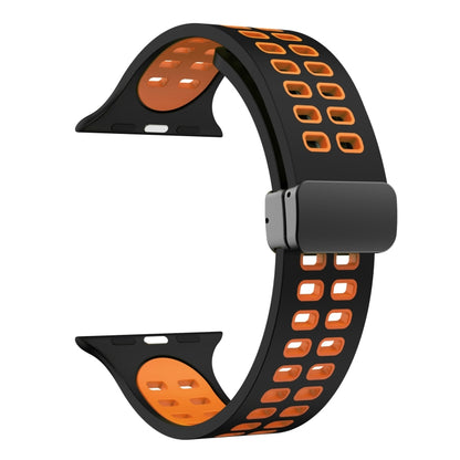 Magnetic Fold Clasp Square Holes Silicone Watch Band For Apple Watch Ultra 49mm&Watch Ultra 2 49mm / Series 9&8&7 45mm / SE 3&SE 2&6&SE&5&4 44mm / 3&2&1 42mm(Black Orange) by bashfashion