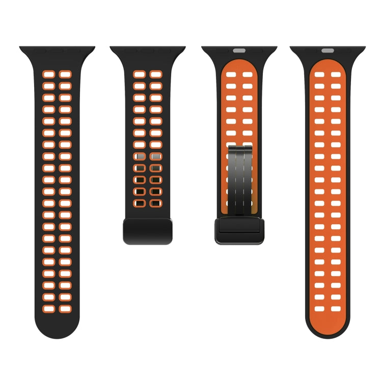Magnetic Fold Clasp Square Holes Silicone Watch Band For Apple Watch Ultra 49mm&Watch Ultra 2 49mm / Series 9&8&7 45mm / SE 3&SE 2&6&SE&5&4 44mm / 3&2&1 42mm(Black Orange) by bashfashion