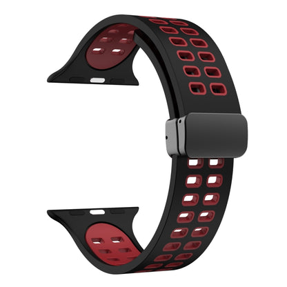 Magnetic Fold Clasp Square Holes Silicone Watch Band For Apple Watch Ultra 49mm&Watch Ultra 2 49mm / Series 9&8&7 45mm / SE 3&SE 2&6&SE&5&4 44mm / 3&2&1 42mm(Black Red) by bashfashion