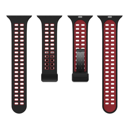 Magnetic Fold Clasp Square Holes Silicone Watch Band For Apple Watch Ultra 49mm&Watch Ultra 2 49mm / Series 9&8&7 45mm / SE 3&SE 2&6&SE&5&4 44mm / 3&2&1 42mm(Black Red) by bashfashion