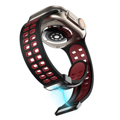 Magnetic Fold Clasp Square Holes Silicone Watch Band For Apple Watch Ultra 49mm&Watch Ultra 2 49mm / Series 9&8&7 45mm / SE 3&SE 2&6&SE&5&4 44mm / 3&2&1 42mm(Black Red) by bashfashion