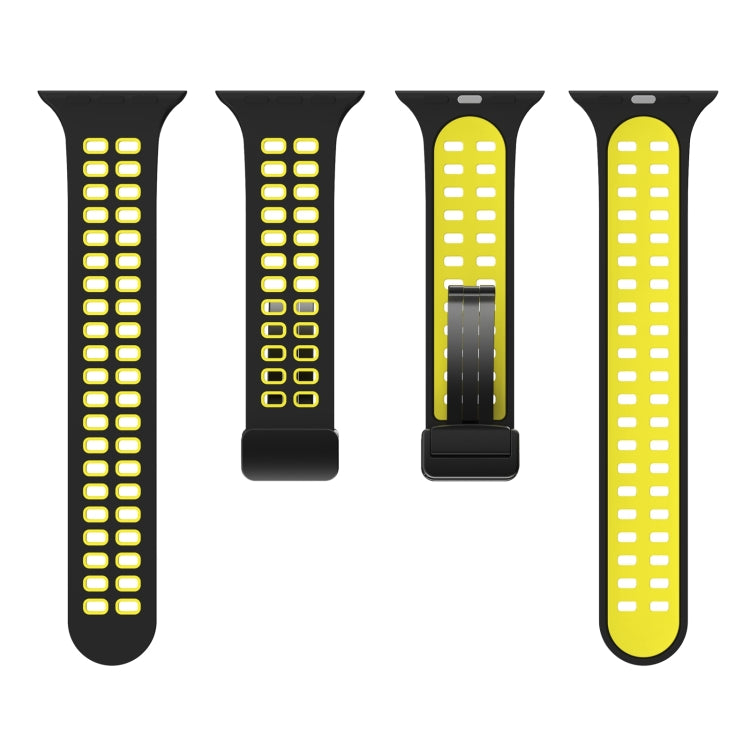 Magnetic Fold Clasp Square Holes Silicone Watch Band For Apple Watch Ultra 49mm&Watch Ultra 2 49mm / Series 9&8&7 45mm / SE 3&SE 2&6&SE&5&4 44mm / 3&2&1 42mm(Black Yellow) by bashfashion