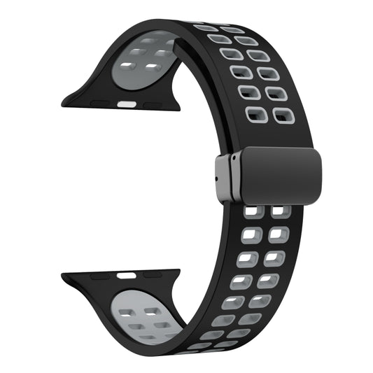 Magnetic Fold Clasp Square Holes Silicone Watch Band For Apple Watch Ultra 49mm&Watch Ultra 2 49mm / Series 9&8&7 45mm / SE 3&SE 2&6&SE&5&4 44mm / 3&2&1 42mm(Black Grey) by bashfashion