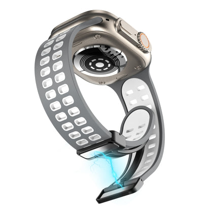 Magnetic Fold Clasp Square Holes Silicone Watch Band For Apple Watch Ultra 49mm&Watch Ultra 2 49mm / Series 9&8&7 45mm / SE 3&SE 2&6&SE&5&4 44mm / 3&2&1 42mm(Grey White) by bashfashion