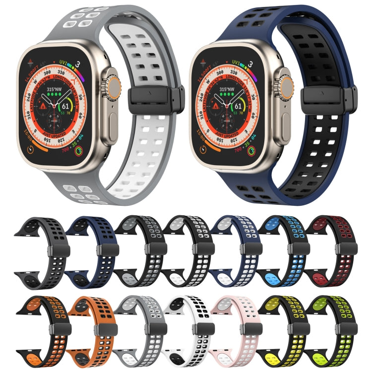 Magnetic Fold Clasp Square Holes Silicone Watch Band For Apple Watch Ultra 49mm&Watch Ultra 2 49mm / Series 9&8&7 45mm / SE 3&SE 2&6&SE&5&4 44mm / 3&2&1 42mm(Black Fluorescent Green) by bashfashion