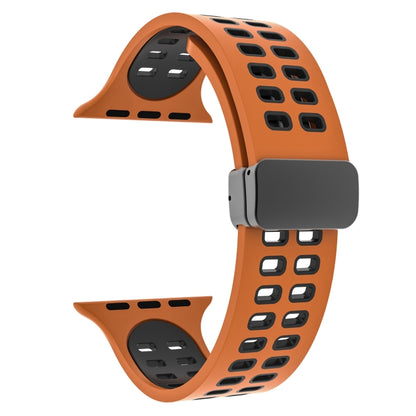 Magnetic Fold Clasp Square Holes Silicone Watch Band For Apple Watch Series 9&8&7 41mm / SE 3&SE 2&6&SE&5&4 40mm / 3&2&1 38mm(Orange Black) by bashfashion