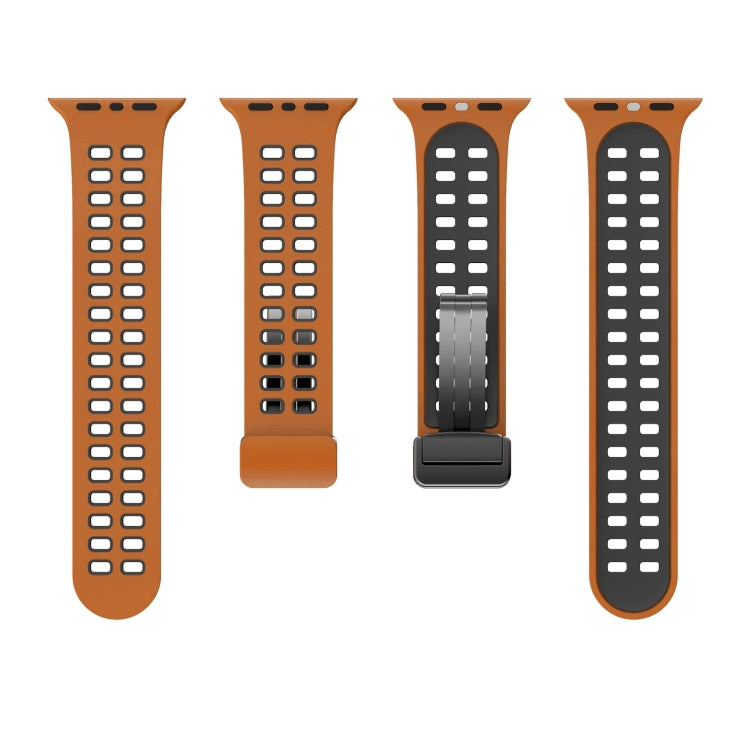 Magnetic Fold Clasp Square Holes Silicone Watch Band For Apple Watch Series 9&8&7 41mm / SE 3&SE 2&6&SE&5&4 40mm / 3&2&1 38mm(Orange Black) by bashfashion