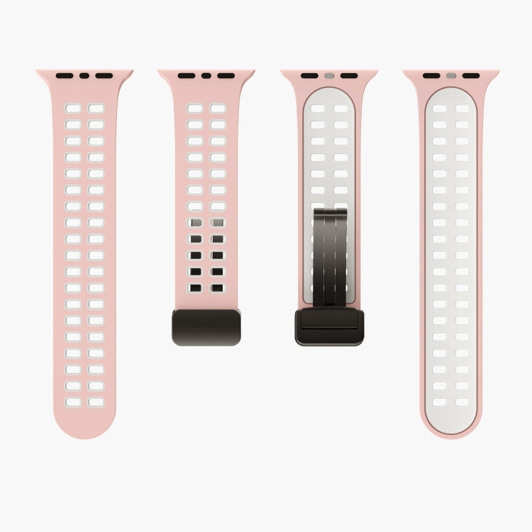Magnetic Fold Clasp Square Holes Silicone Watch Band For Apple Watch Series 9&8&7 41mm / SE 3&SE 2&6&SE&5&4 40mm / 3&2&1 38mm(Pink White) by bashfashion