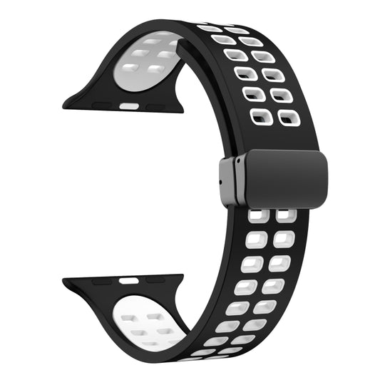 Magnetic Fold Clasp Square Holes Silicone Watch Band For Apple Watch Series 9&8&7 41mm / SE 3&SE 2&6&SE&5&4 40mm / 3&2&1 38mm(Black White) by bashfashion