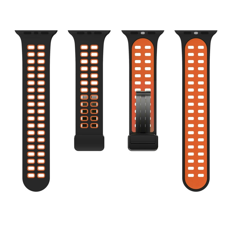 Magnetic Fold Clasp Square Holes Silicone Watch Band For Apple Watch Series 9&8&7 41mm / SE 3&SE 2&6&SE&5&4 40mm / 3&2&1 38mm(Black Orange) by bashfashion