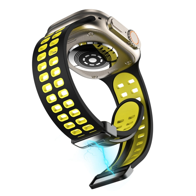 Magnetic Fold Clasp Square Holes Silicone Watch Band For Apple Watch Series 9&8&7 41mm / SE 3&SE 2&6&SE&5&4 40mm / 3&2&1 38mm(Black Yellow) by bashfashion