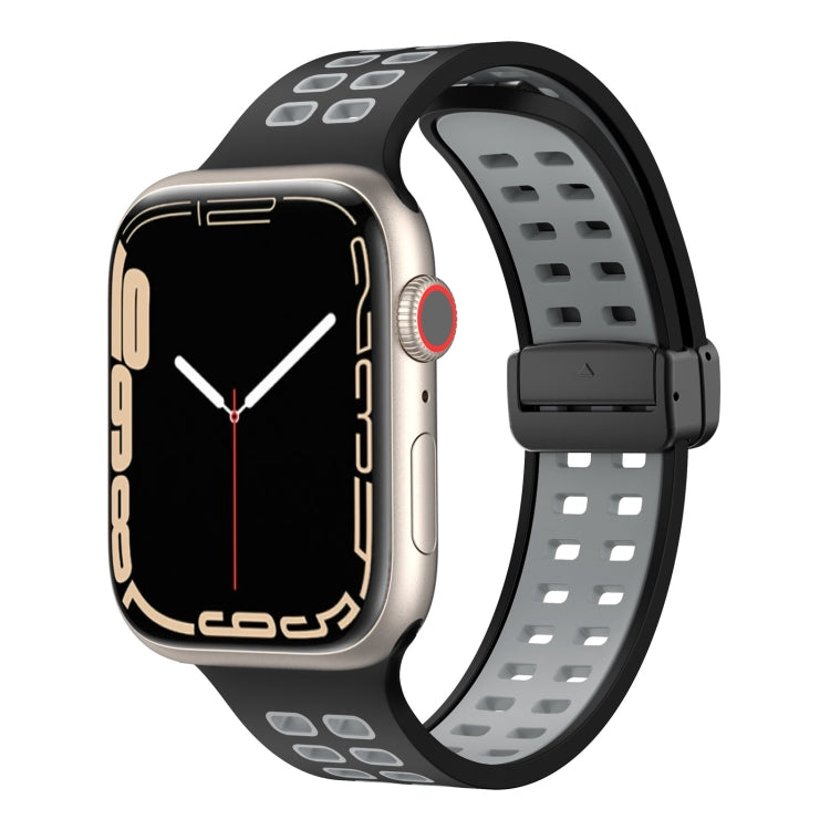 Magnetic Fold Clasp Square Holes Silicone Watch Band For Apple Watch Series 9&8&7 41mm / SE 3&SE 2&6&SE&5&4 40mm / 3&2&1 38mm(Black Grey) by bashfashion