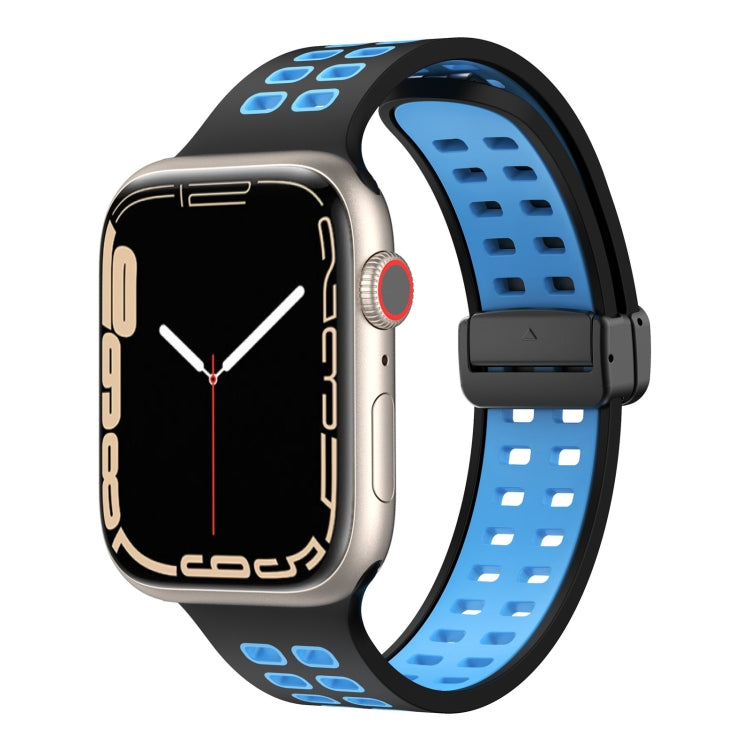 Magnetic Fold Clasp Square Holes Silicone Watch Band For Apple Watch Series 9&8&7 41mm / SE 3&SE 2&6&SE&5&4 40mm / 3&2&1 38mm(Black Sky Blue) by bashfashion