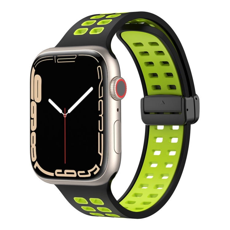Magnetic Fold Clasp Square Holes Silicone Watch Band For Apple Watch Series 9&8&7 41mm / SE 3&SE 2&6&SE&5&4 40mm / 3&2&1 38mm(Black Fluorescent Green) by bashfashion