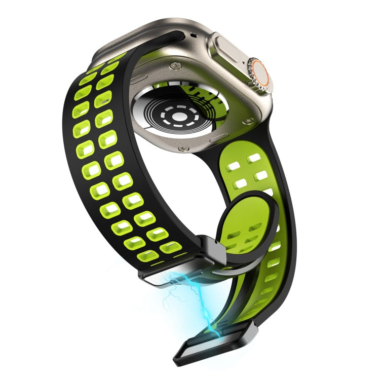 Magnetic Fold Clasp Square Holes Silicone Watch Band For Apple Watch Series 9&8&7 41mm / SE 3&SE 2&6&SE&5&4 40mm / 3&2&1 38mm(Black Fluorescent Green) by bashfashion