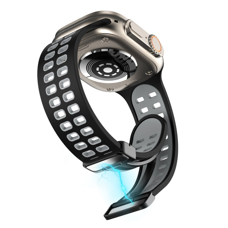 Magnetic Fold Clasp Square Holes Silicone Watch Band For Apple Watch Series 9&8&7 41mm / SE 3&SE 2&6&SE&5&4 40mm / 3&2&1 38mm(Grey White) by bashfashion