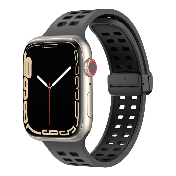 Magnetic Fold Clasp Square Holes Silicone Watch Band For Apple Watch Series 9&8&7 41mm / SE 3&SE 2&6&SE&5&4 40mm / 3&2&1 38mm(Coal Black) by bashfashion