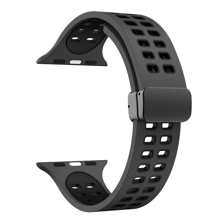 Magnetic Fold Clasp Square Holes Silicone Watch Band For Apple Watch Series 9&8&7 41mm / SE 3&SE 2&6&SE&5&4 40mm / 3&2&1 38mm(Coal Black) by bashfashion