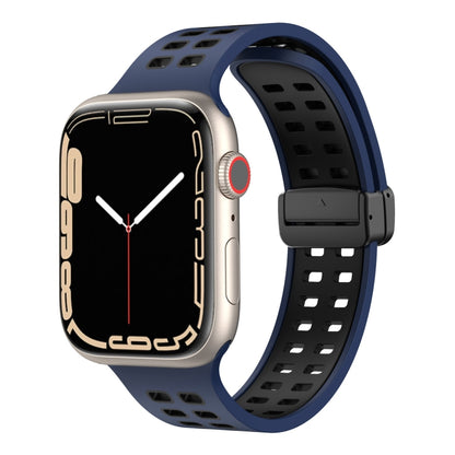 Magnetic Fold Clasp Square Holes Silicone Watch Band For Apple Watch Series 9&8&7 41mm / SE 3&SE 2&6&SE&5&4 40mm / 3&2&1 38mm(Dark Blue Black) by bashfashion