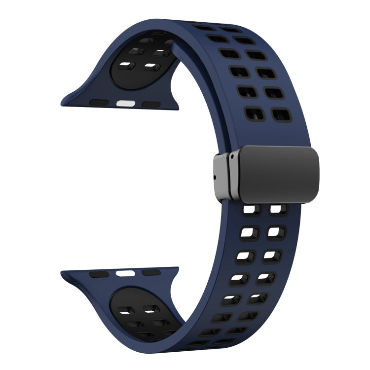 Magnetic Fold Clasp Square Holes Silicone Watch Band For Apple Watch Series 9&8&7 41mm / SE 3&SE 2&6&SE&5&4 40mm / 3&2&1 38mm(Dark Blue Black) by bashfashion