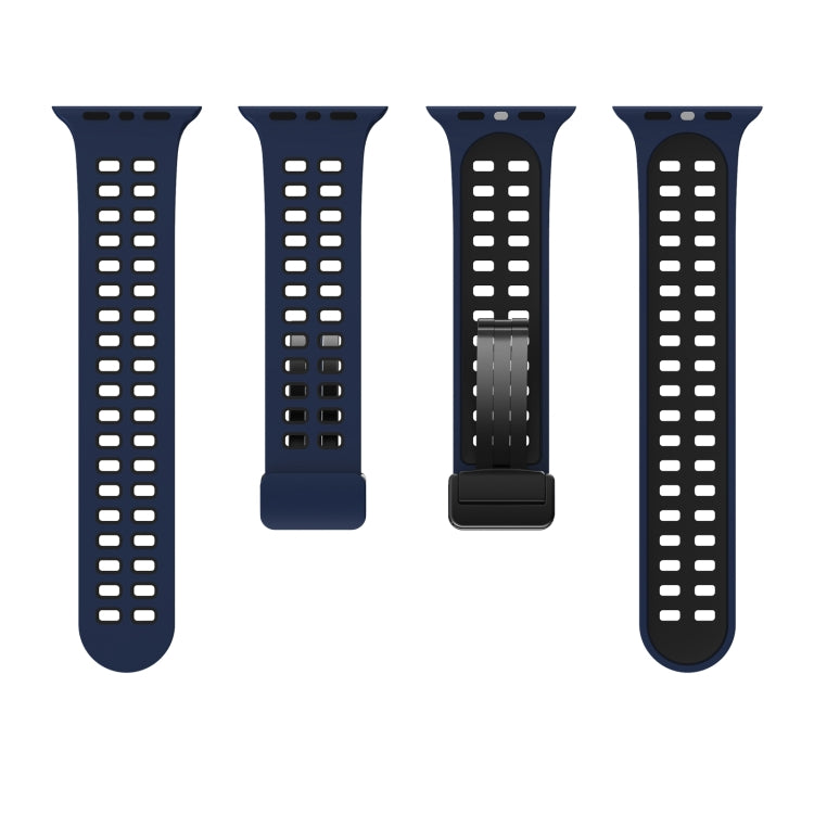 Magnetic Fold Clasp Square Holes Silicone Watch Band For Apple Watch Series 9&8&7 41mm / SE 3&SE 2&6&SE&5&4 40mm / 3&2&1 38mm(Dark Blue Black) by bashfashion