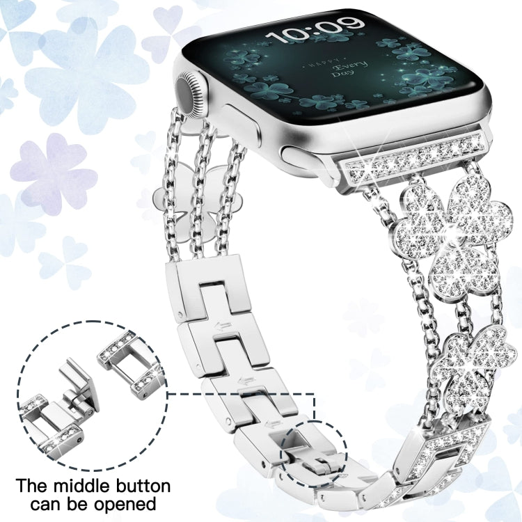 3-Leaf Clover Diamond Watch Band For Apple Watch Series 8&7 41mm / SE 2&6&SE&5&4 40mm / 3&2&1 38mm(Silver) by bashfashion