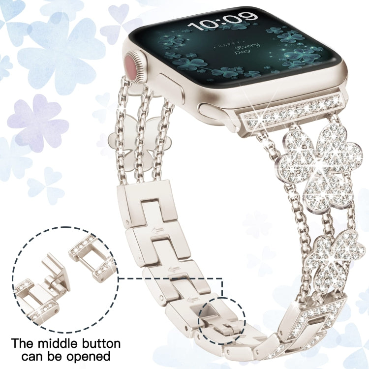3-Leaf Clover Diamond Watch Band For Apple Watch Series 8&7 41mm / SE 2&6&SE&5&4 40mm / 3&2&1 38mm(Starlight) by bashfashion