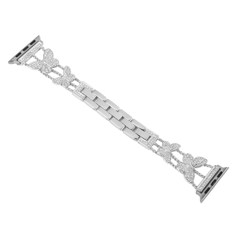 Butterfly Metal Diamond Watch Band For Apple Watch Series 9&8&7 41mm / SE 3&SE 2&6&SE&5&4 40mm / 3&2&1 38mm(Silver) by bashfashion