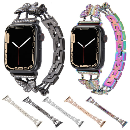 Butterfly Metal Diamond Watch Band For Apple Watch Series 9&8&7 41mm / SE 3&SE 2&6&SE&5&4 40mm / 3&2&1 38mm(Silver) by bashfashion