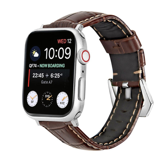 For Apple Watch Series 9&8&7 41mm / SE 3&SE 2&6&SE&5&4 40mm / 3&2&1 38mm Silver Buckle Genuine Leather Watch Band(Crocodile Brown) by bashfashion