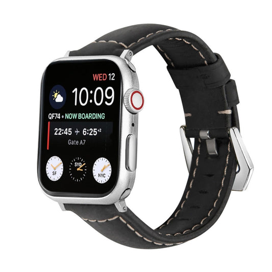 For Apple Watch Series 9&8&7 41mm / SE 3&SE 2&6&SE&5&4 40mm / 3&2&1 38mm Silver Buckle Genuine Leather Watch Band(Frosted Black) by bashfashion