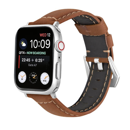 For Apple Watch Series 9&8&7 41mm / SE 3&SE 2&6&SE&5&4 40mm / 3&2&1 38mm Silver Buckle Genuine Leather Watch Band(Frosted Brown) by bashfashion