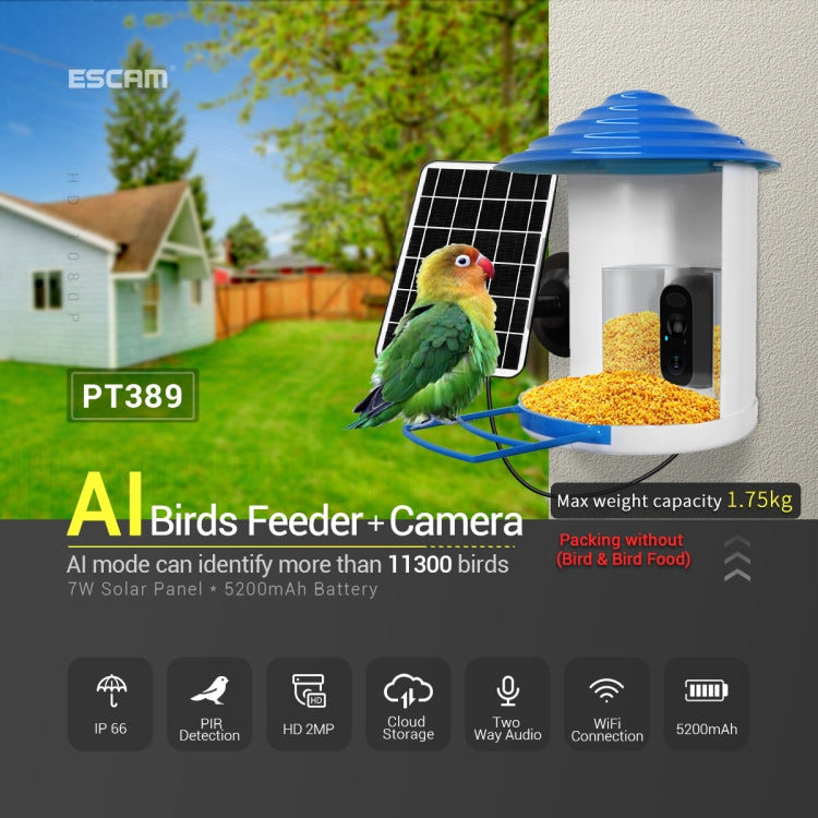 ESCAM PT389 IP66 Waterproof 2MP PIR Motion Detection Two-way Audio Night Vision WiFi Camera with AI Bird Recognition Bird Watching House by ESCAM