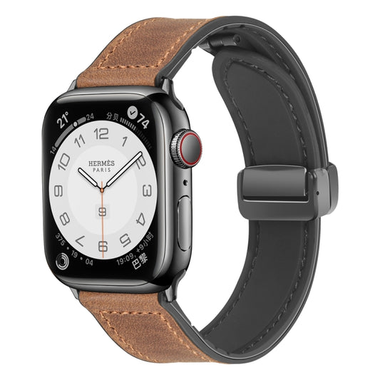Magnetic Folding Silicone Leather Watch Band For Apple Watch Ultra 49mm&Watch Ultra 2 49mm / Series 9&8&7 45mm / SE 3&SE 2&6&SE&5&4 44mm / 3&2&1 42mm (Dark Brown) by bashfashion