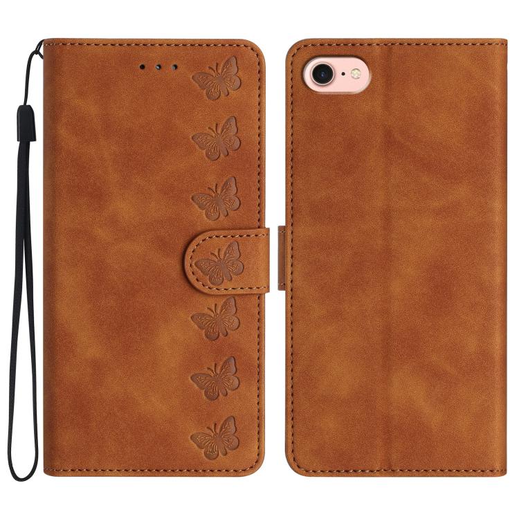 For iPhone 16e Seven Butterflies Embossed Leather Phone Case(Brown) by bashfashion
