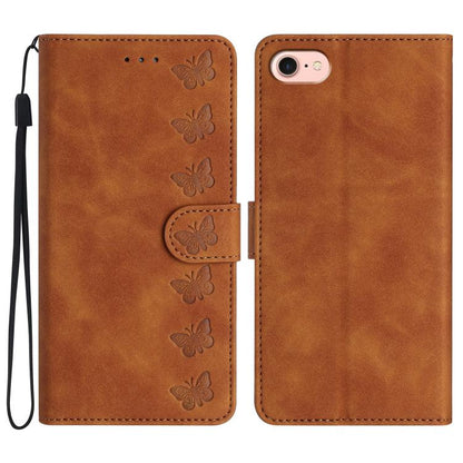 For iPhone 16e Seven Butterflies Embossed Leather Phone Case(Brown) by bashfashion