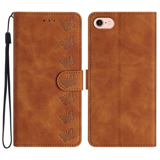 For iPhone 16e Seven Butterflies Embossed Leather Phone Case(Brown) by bashfashion