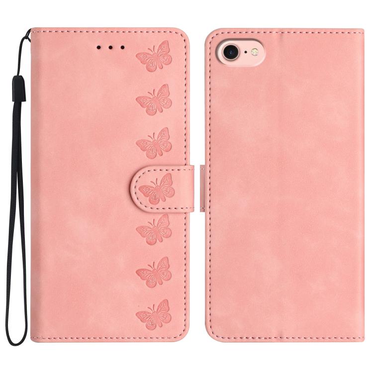 For iPhone 16e Seven Butterflies Embossed Leather Phone Case(Pink) by bashfashion