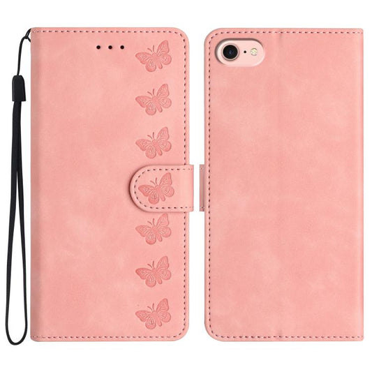 For iPhone 16e Seven Butterflies Embossed Leather Phone Case(Pink) by bashfashion