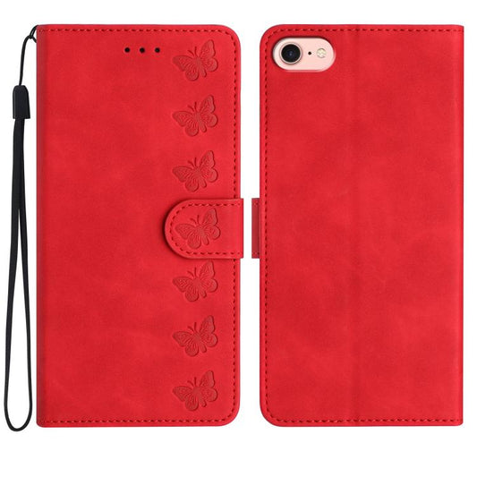 For iPhone 16e Seven Butterflies Embossed Leather Phone Case(Red) by bashfashion