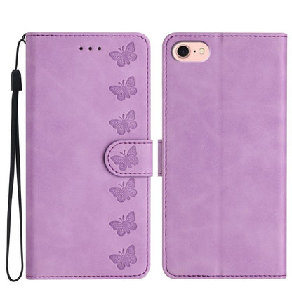 For iPhone 16e Seven Butterflies Embossed Leather Phone Case(Purple) by bashfashion