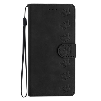 For iPhone 16e Seven Butterflies Embossed Leather Phone Case(Black) by bashfashion