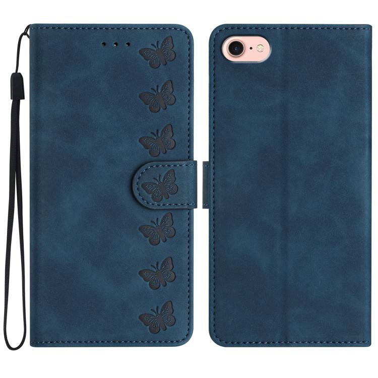 For iPhone 16e Seven Butterflies Embossed Leather Phone Case(Blue) by bashfashion