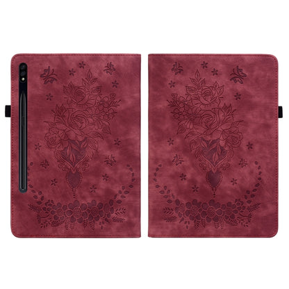For Samsung Galaxy Tab S7 / S8 Butterfly Rose Embossed Leather Tablet Case(Red) by bashfashion